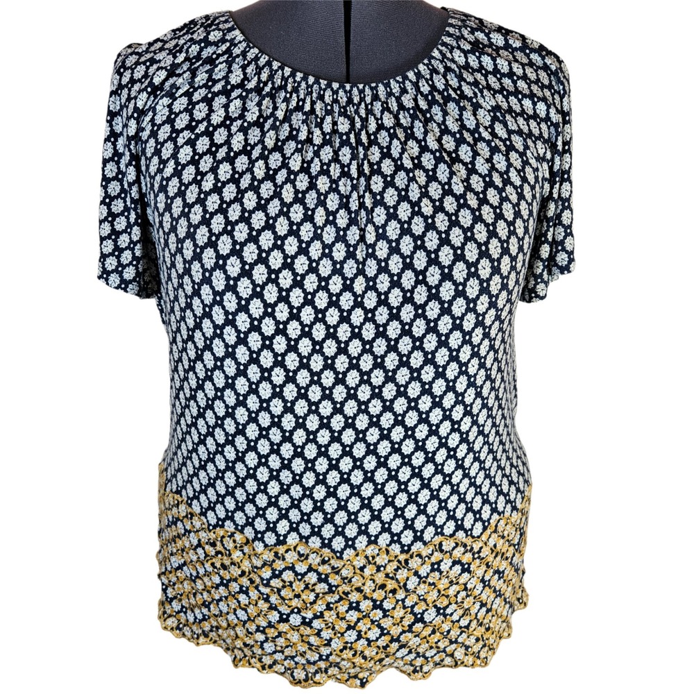 Fever Peasant Blouse Women's 1X Embroidered Hem Geometric Boho Cottagecore